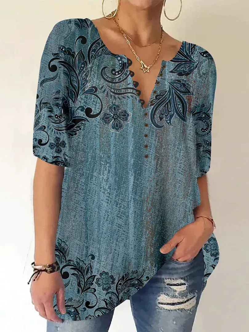 Women Half Sleeve V-neck Floral Printed Tops