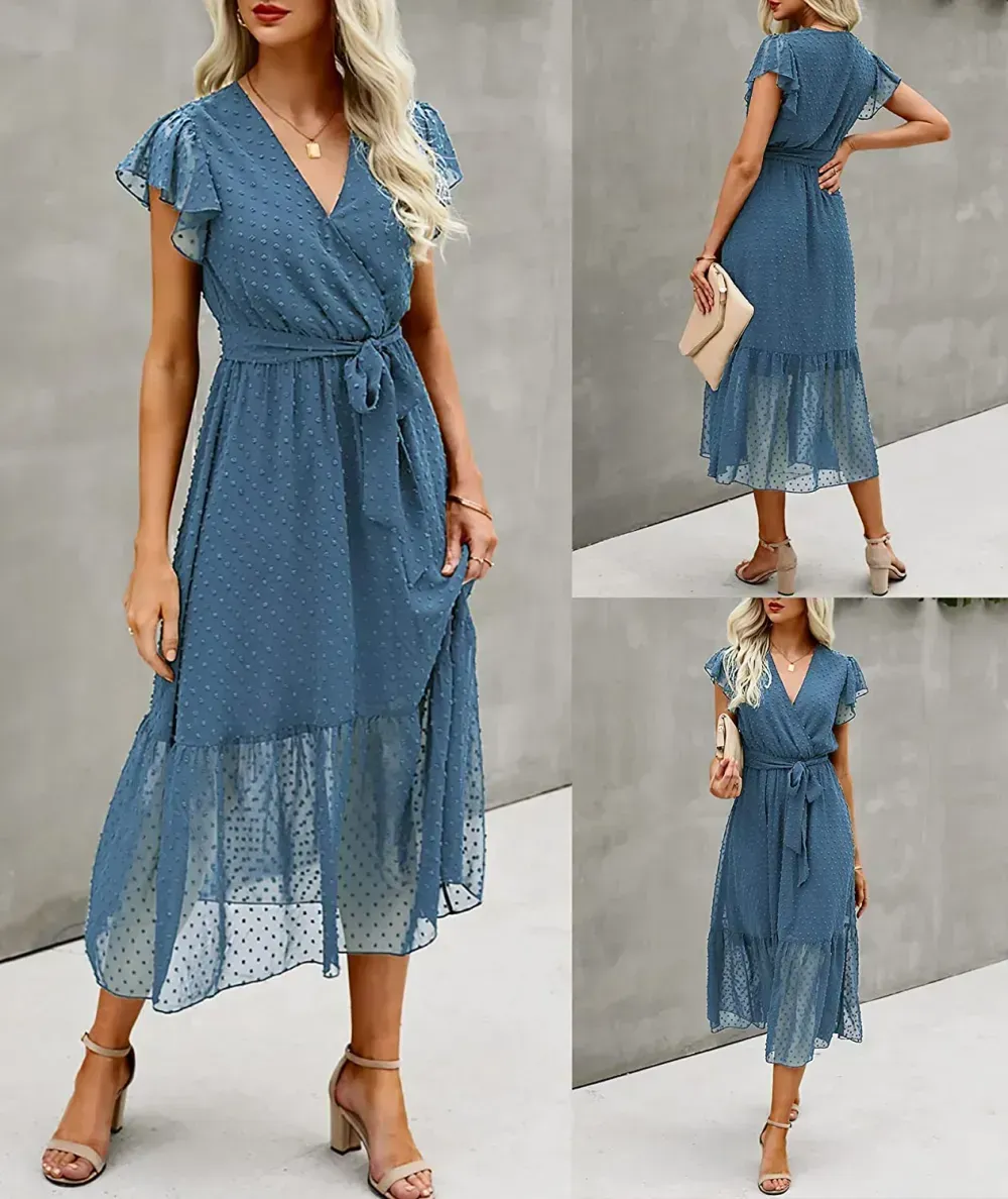 Women Summer Bohemian Floral Casual Wrap V Neck Ruffle Cap Sleeveless Belt A-Line Pleated Hem Swing Midi Sun Dress