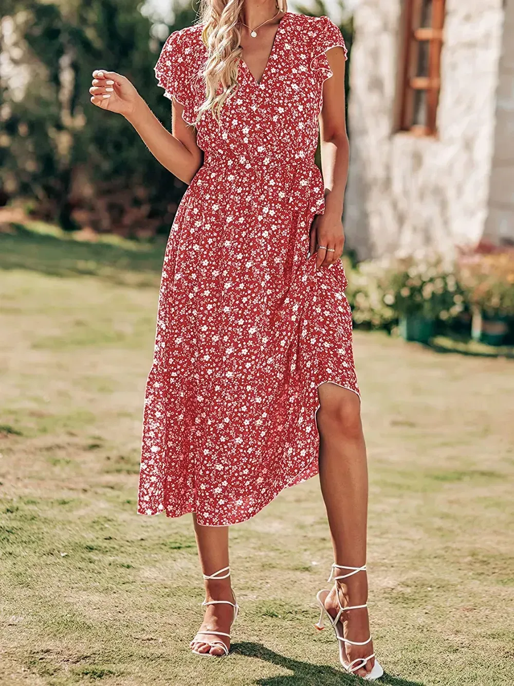 Women Summer Bohemian Floral Casual Wrap V Neck Ruffle Cap Sleeveless Belt A-Line Pleated Hem Swing Midi Sun Dress