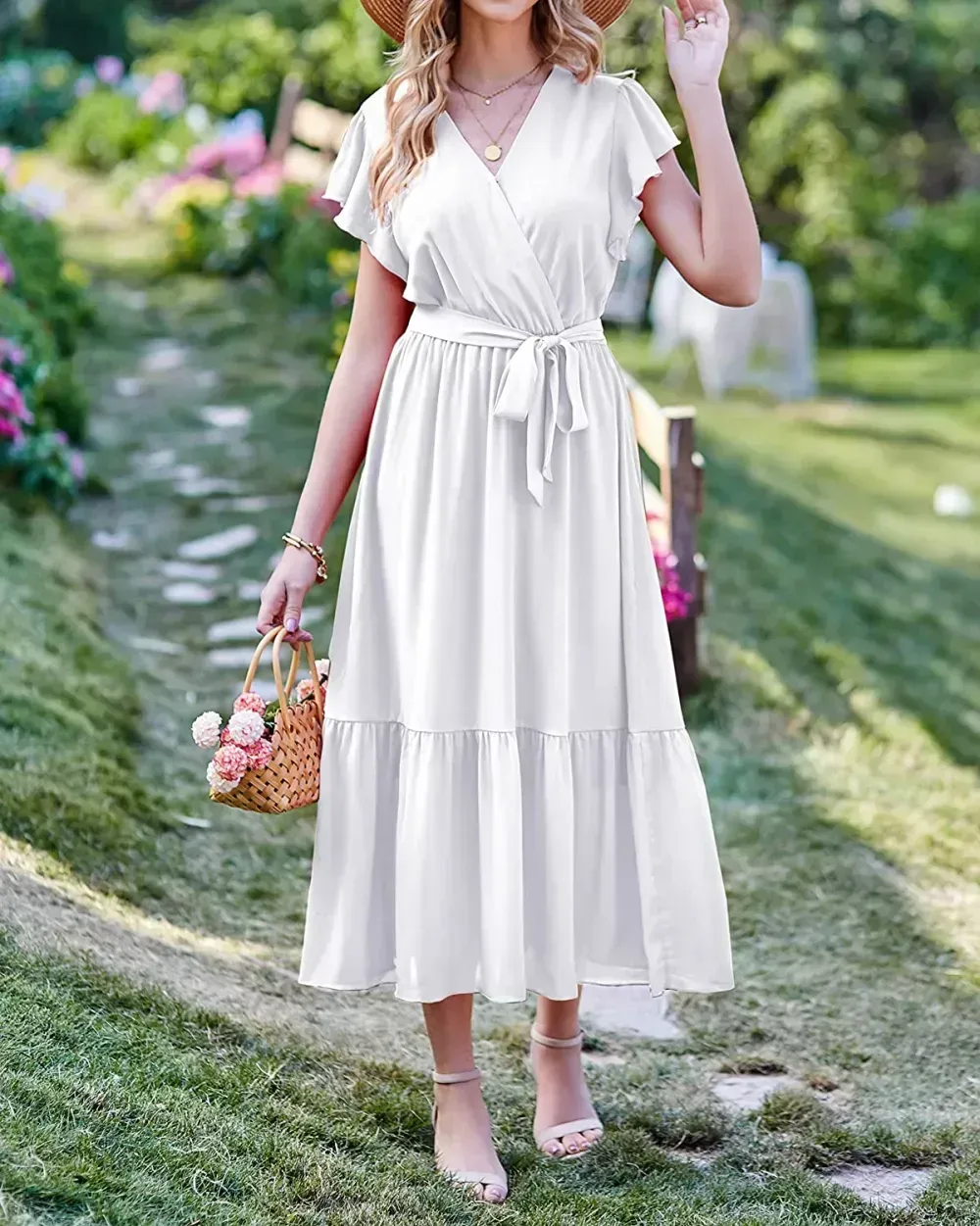 Women Summer Bohemian Floral Casual Wrap V Neck Ruffle Cap Sleeveless Belt A-Line Pleated Hem Swing Midi Sun Dress