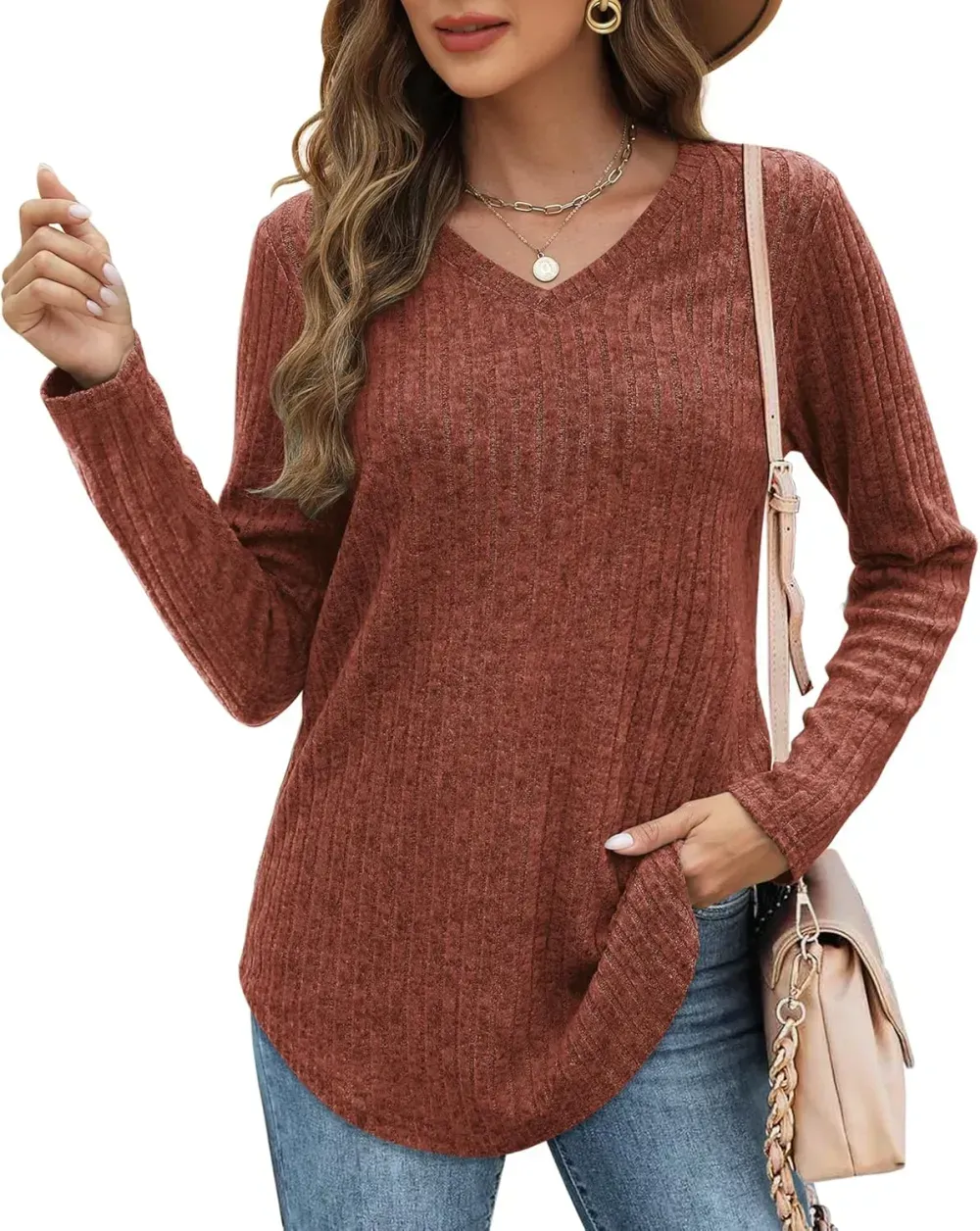 OFEEFAN Long Sleeve Shirts for Women Lightweight Crew Neck Casual Tunic Tops