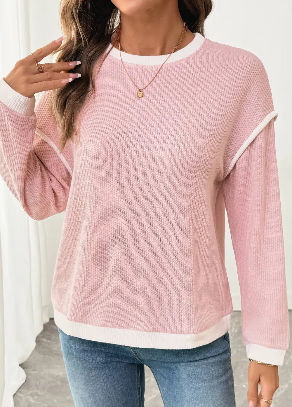 Pink Patchwork Long Sleeve Round Neck Sweatshirt