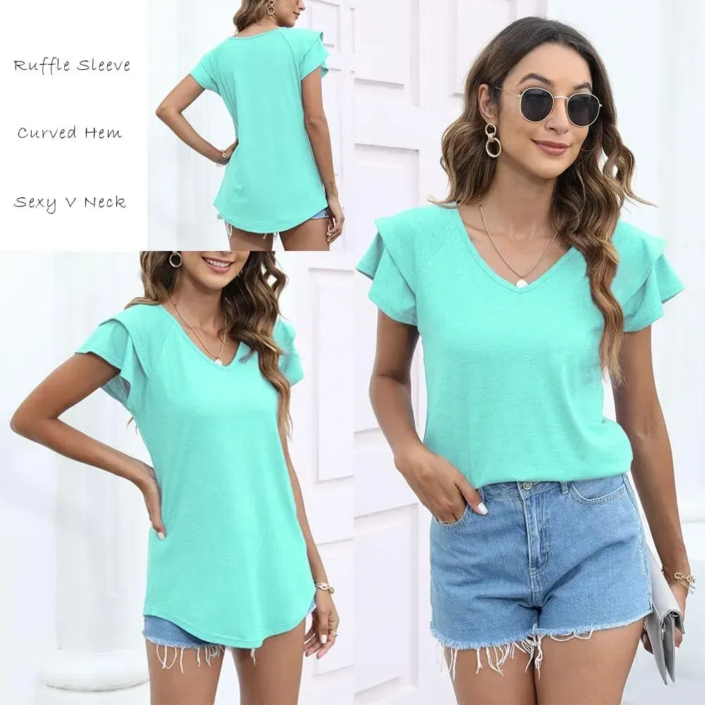 T&Twenties Womens Summer Tops Ruffle Short Sleeve Tunic Tops V Neck Loose Fit Flowy T-Shirts