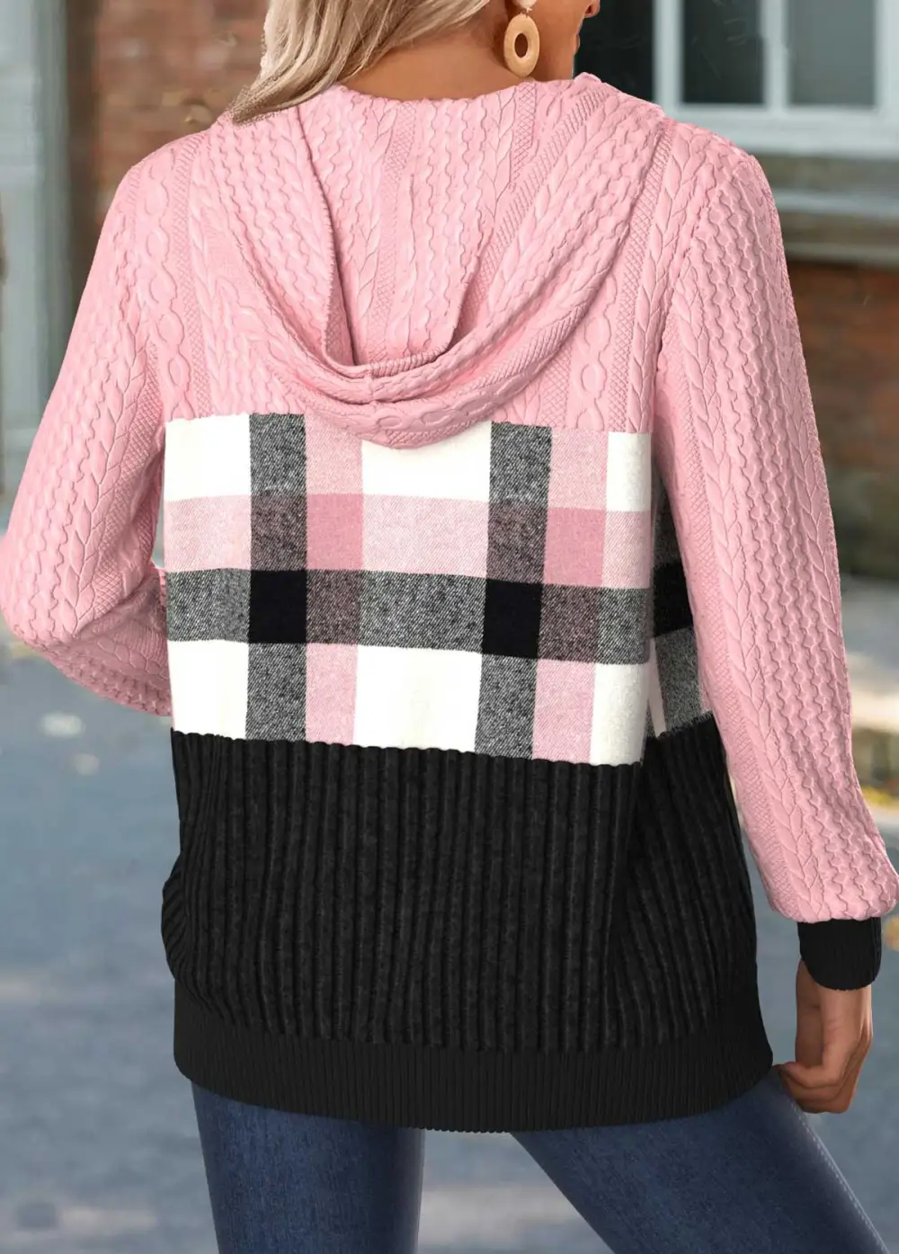 Light Pink Tummy Coverage Plaid Long Sleeve Hooded Coat