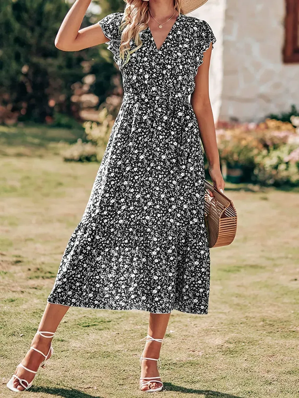 Women Summer Bohemian Floral Casual Wrap V Neck Ruffle Cap Sleeveless Belt A-Line Pleated Hem Swing Midi Sun Dress