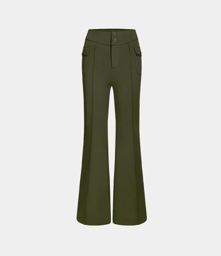 High Waisted Button Side Flap Pocket Flare Casual Cargo Pants
