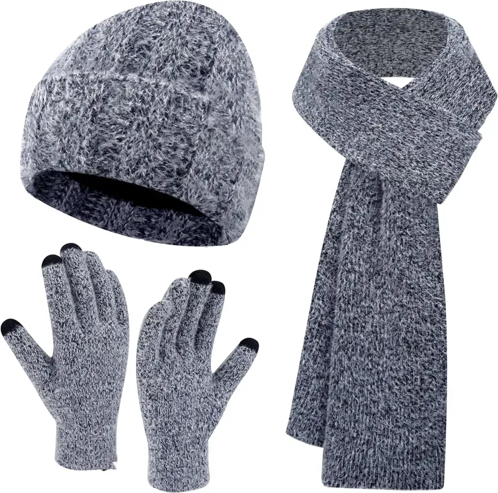 Womens Winter Warm Knit Beanie Hat Touchscreen Gloves Long Scarf Set with Fleece Lined Skull Caps Neck Scarves for Women Men