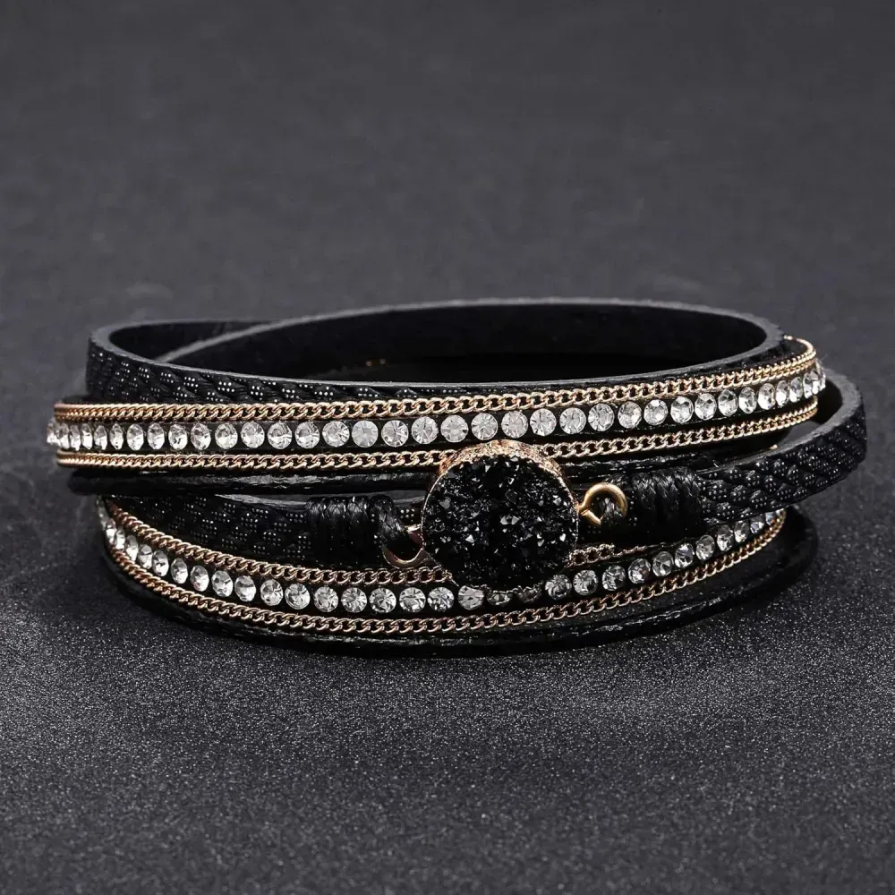 Fesciory Leather Wrap Bracelets for Women, Boho Leopard Multi-Layer Crystal Beads Cuff Bracelet Jewelry