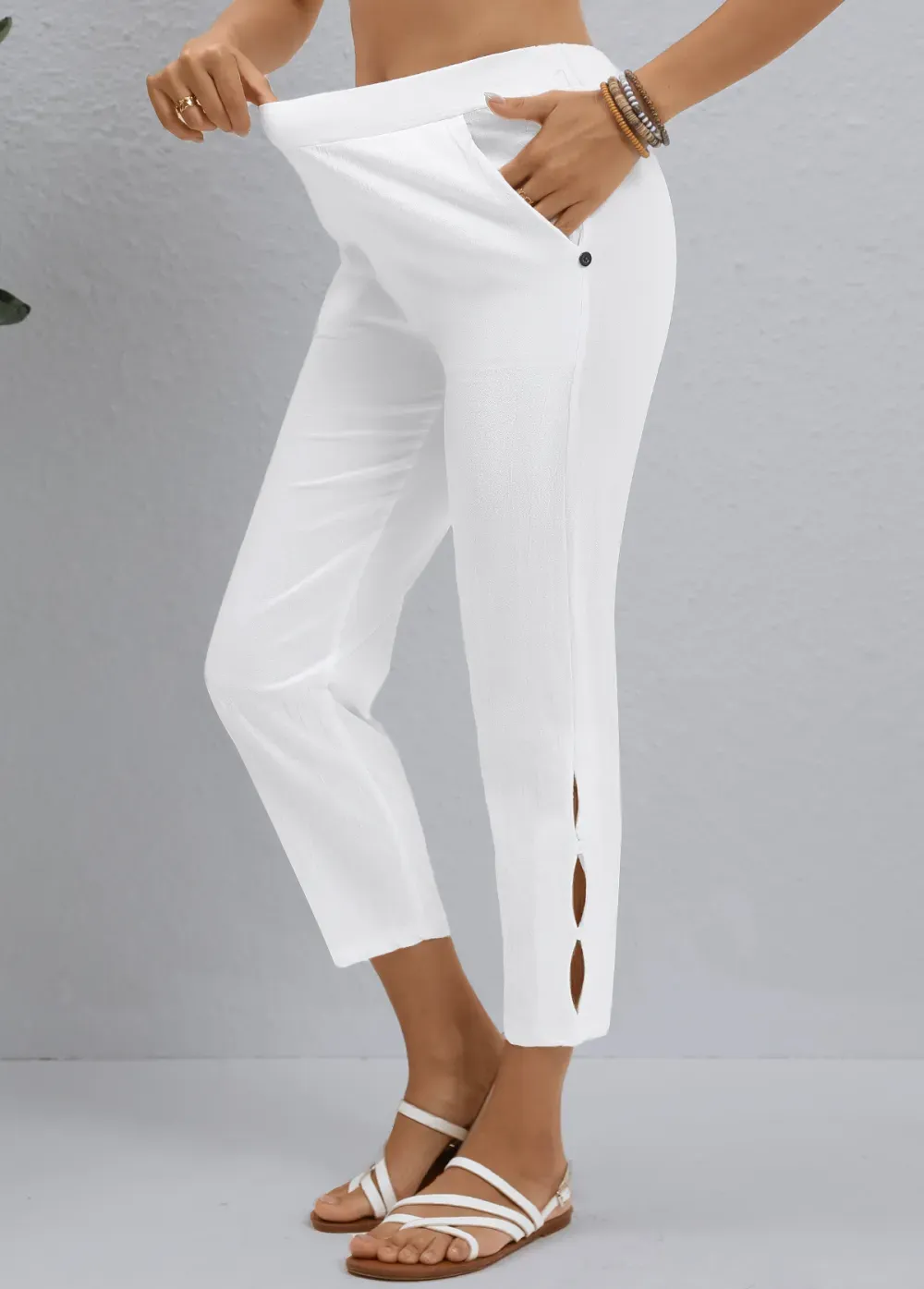 White Button Elastic Waist High Waisted Pants