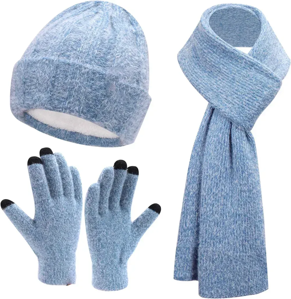 Womens Winter Warm Knit Beanie Hat Touchscreen Gloves Long Scarf Set with Fleece Lined Skull Caps Neck Scarves for Women Men