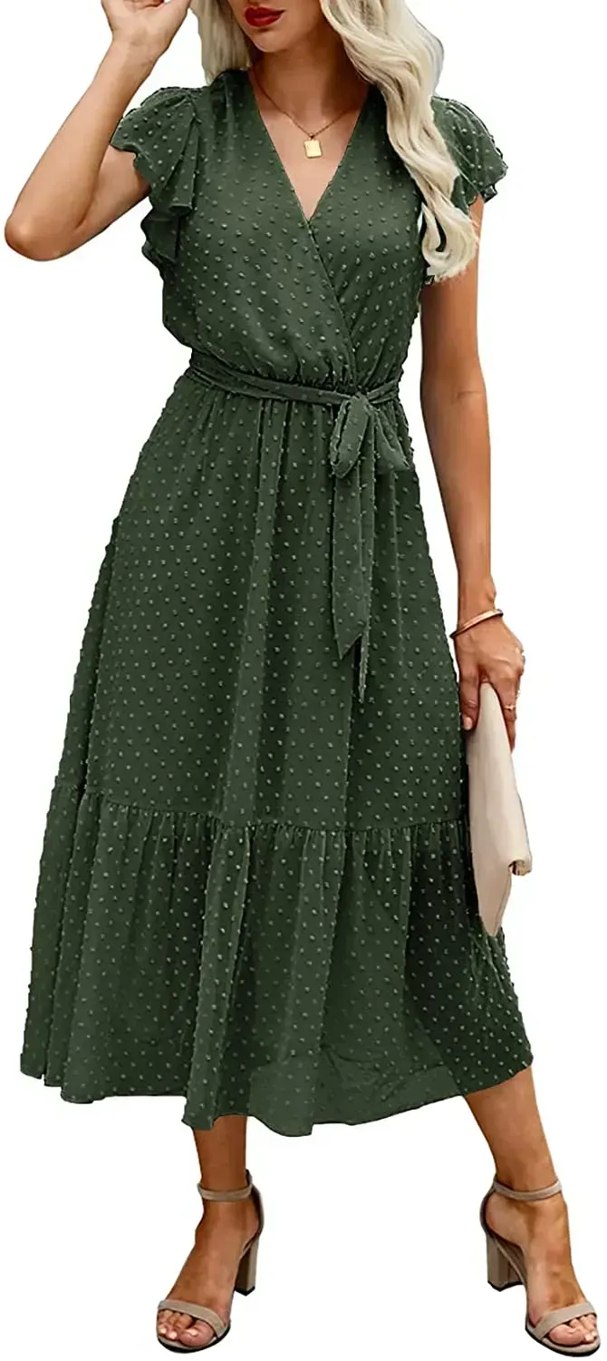 Women Summer Bohemian Floral Casual Wrap V Neck Ruffle Cap Sleeveless Belt A-Line Pleated Hem Swing Midi Sun Dress