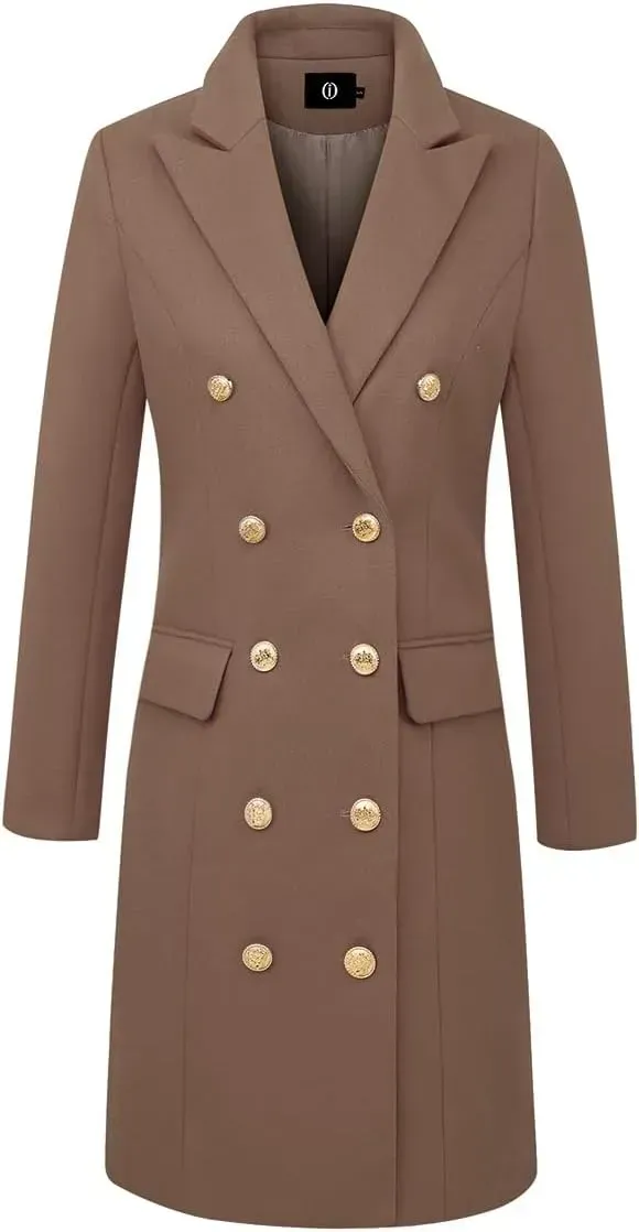Womens Fall Winter Wool Coats Double Breasted Midi Peacoat Trench Coats