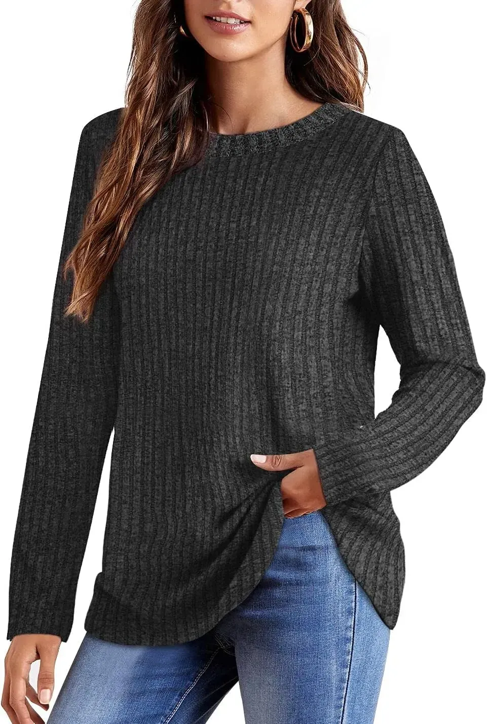 OFEEFAN Long Sleeve Shirts for Women Lightweight Crew Neck Casual Tunic Tops