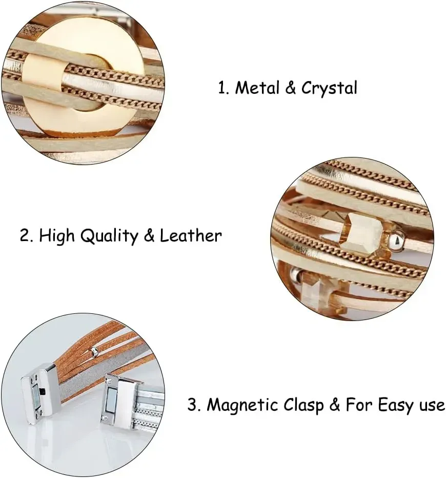 Fesciory Leather Wrap Bracelets for Women, Boho Leopard Multi-Layer Crystal Beads Cuff Bracelet Jewelry