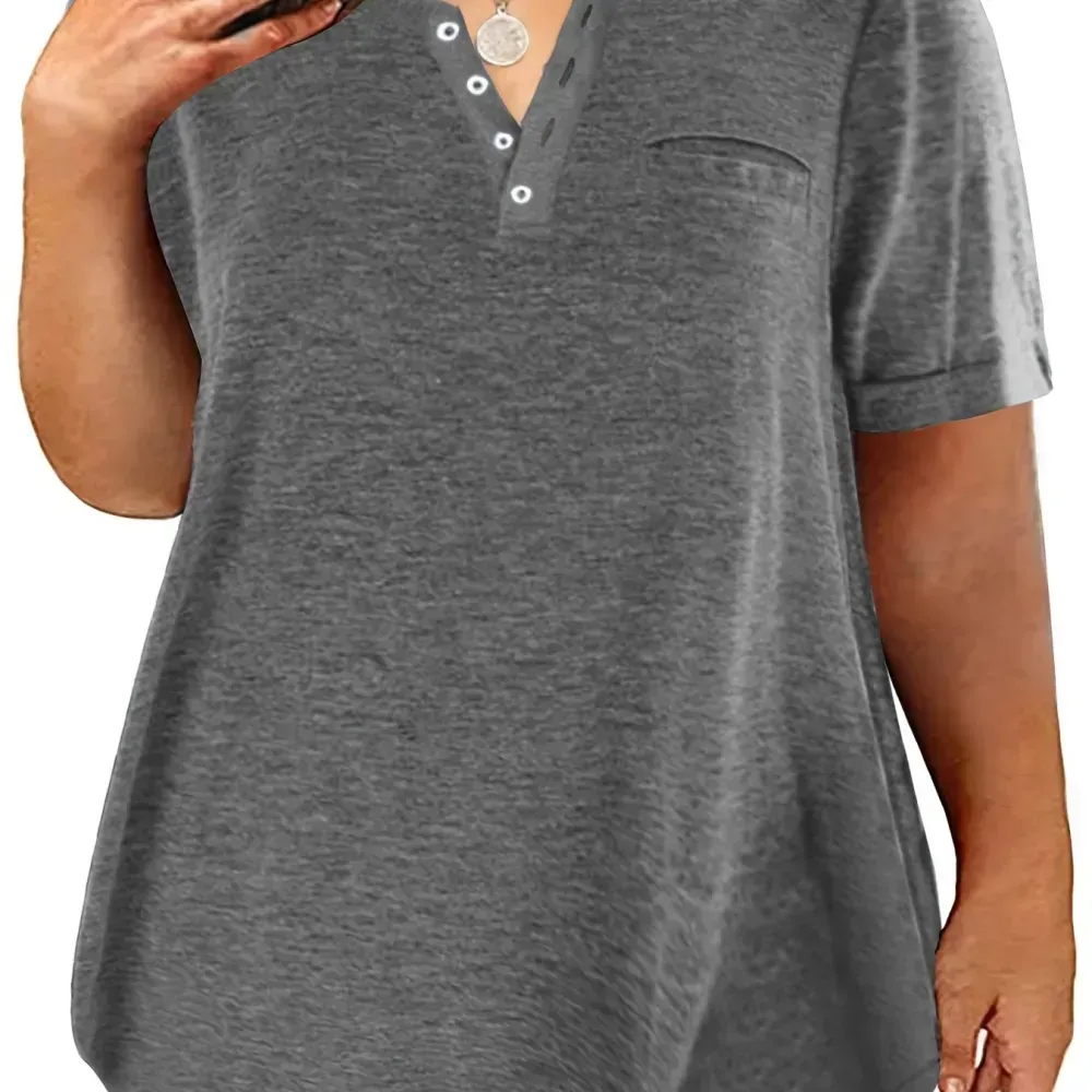 Plus Size Button Front Short Sleeve T-shirt, Women's Plus Slight Stretch Casual Tee