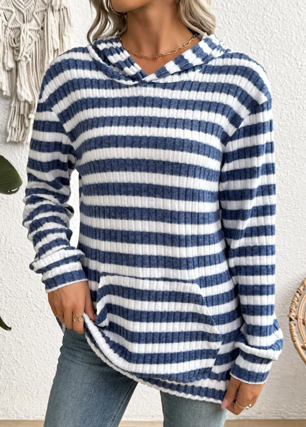 Blue Kangaroo Pocket Striped Long Sleeve Hoodie