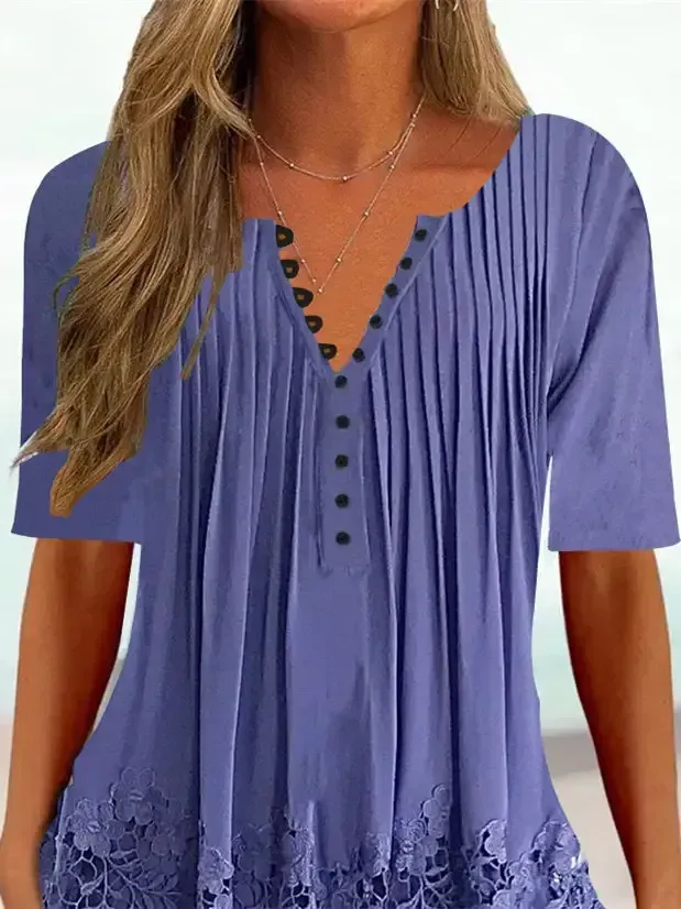 Women Half Sleeve V-neck Solid Floral Lace Tops