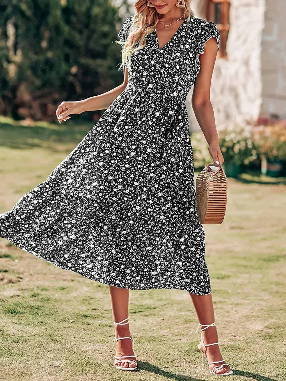Women Summer Bohemian Floral Casual Wrap V Neck Ruffle Cap Sleeveless Belt A-Line Pleated Hem Swing Midi Sun Dress