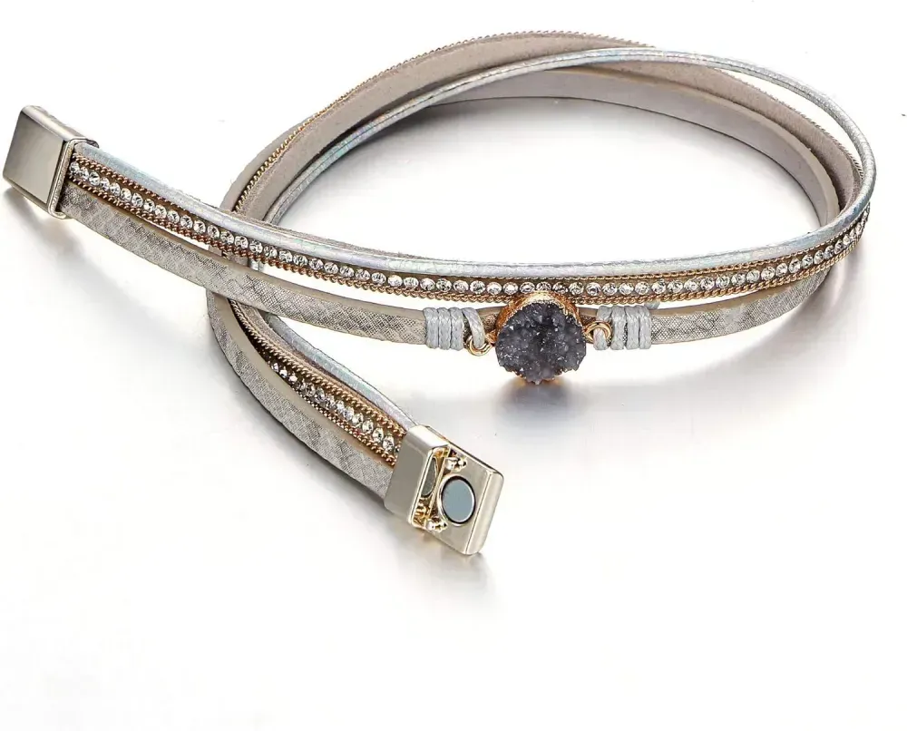 Fesciory Leather Wrap Bracelets for Women, Boho Leopard Multi-Layer Crystal Beads Cuff Bracelet Jewelry