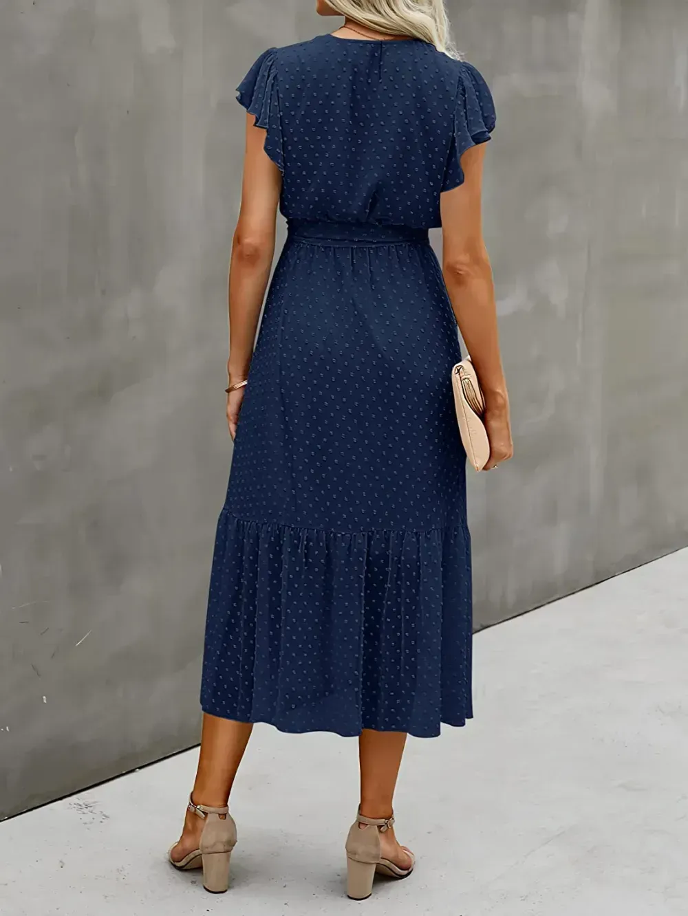 Women Summer Bohemian Floral Casual Wrap V Neck Ruffle Cap Sleeveless Belt A-Line Pleated Hem Swing Midi Sun Dress