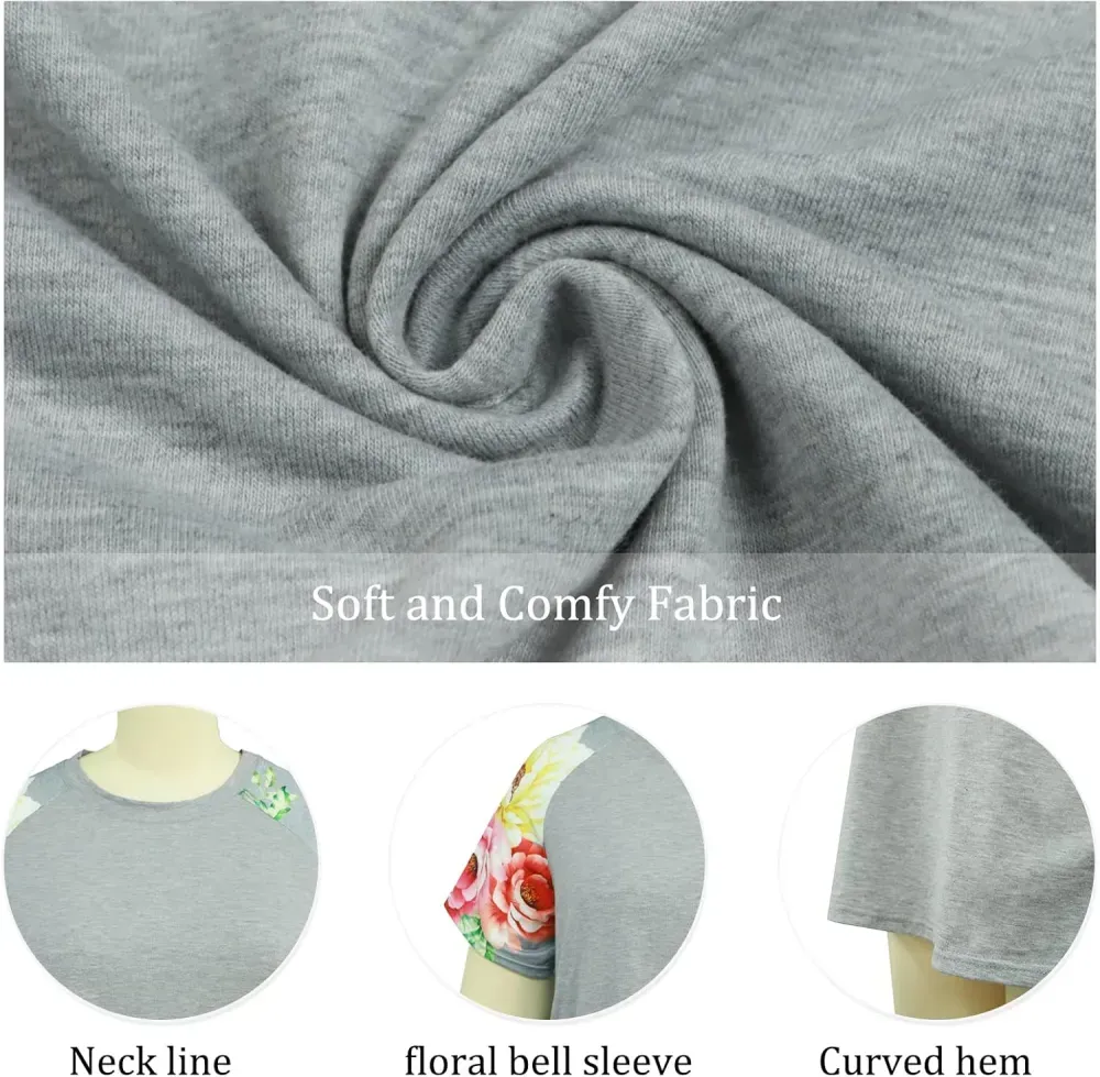 HDLTE Womens Plus Size Tops Floral Bell Sleeves Blouses Summer Crewneck Tunic Loose Casual T Shirts