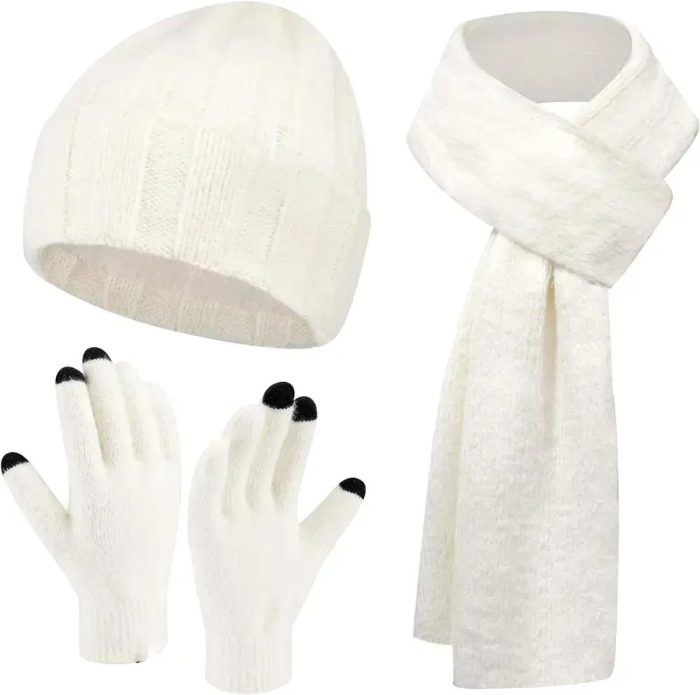 Womens Winter Warm Knit Beanie Hat Touchscreen Gloves Long Scarf Set with Fleece Lined Skull Caps Neck Scarves for Women Men