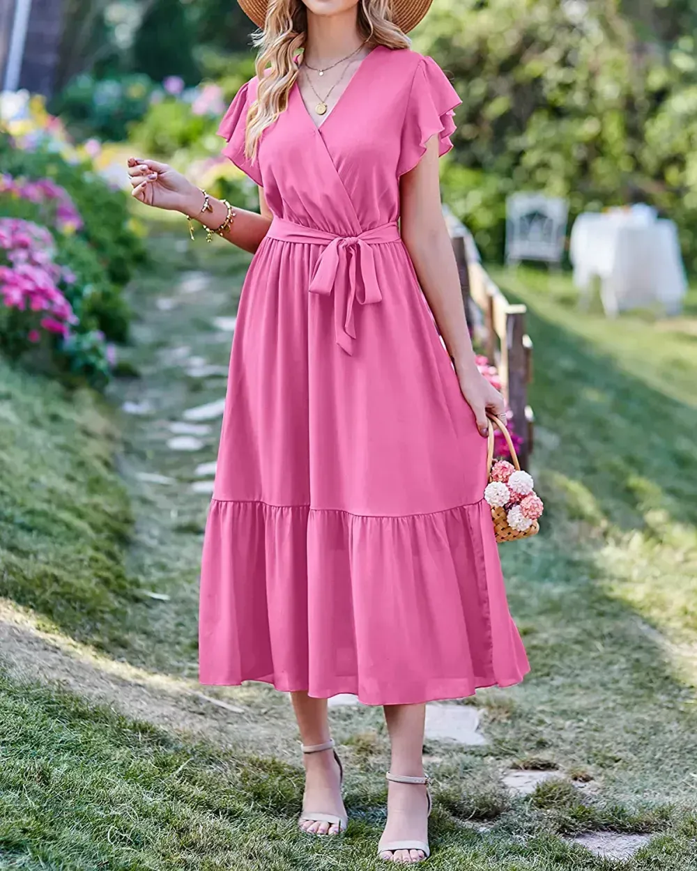 Women Summer Bohemian Floral Casual Wrap V Neck Ruffle Cap Sleeveless Belt A-Line Pleated Hem Swing Midi Sun Dress