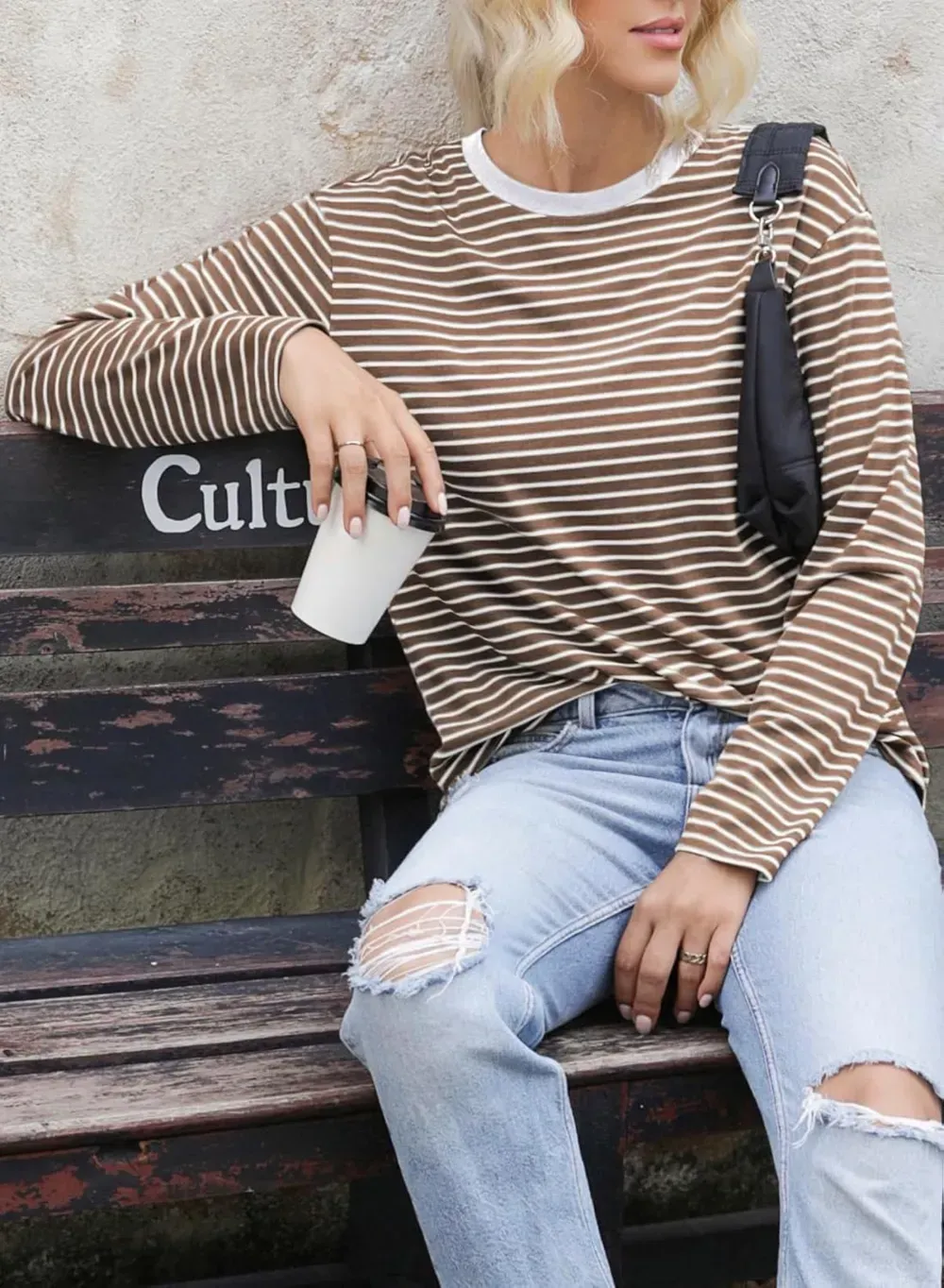 Dokotoo Women's Casual Striped Long Sleeve Tops Crew Neck Knit Ribbed Basic T Shirts