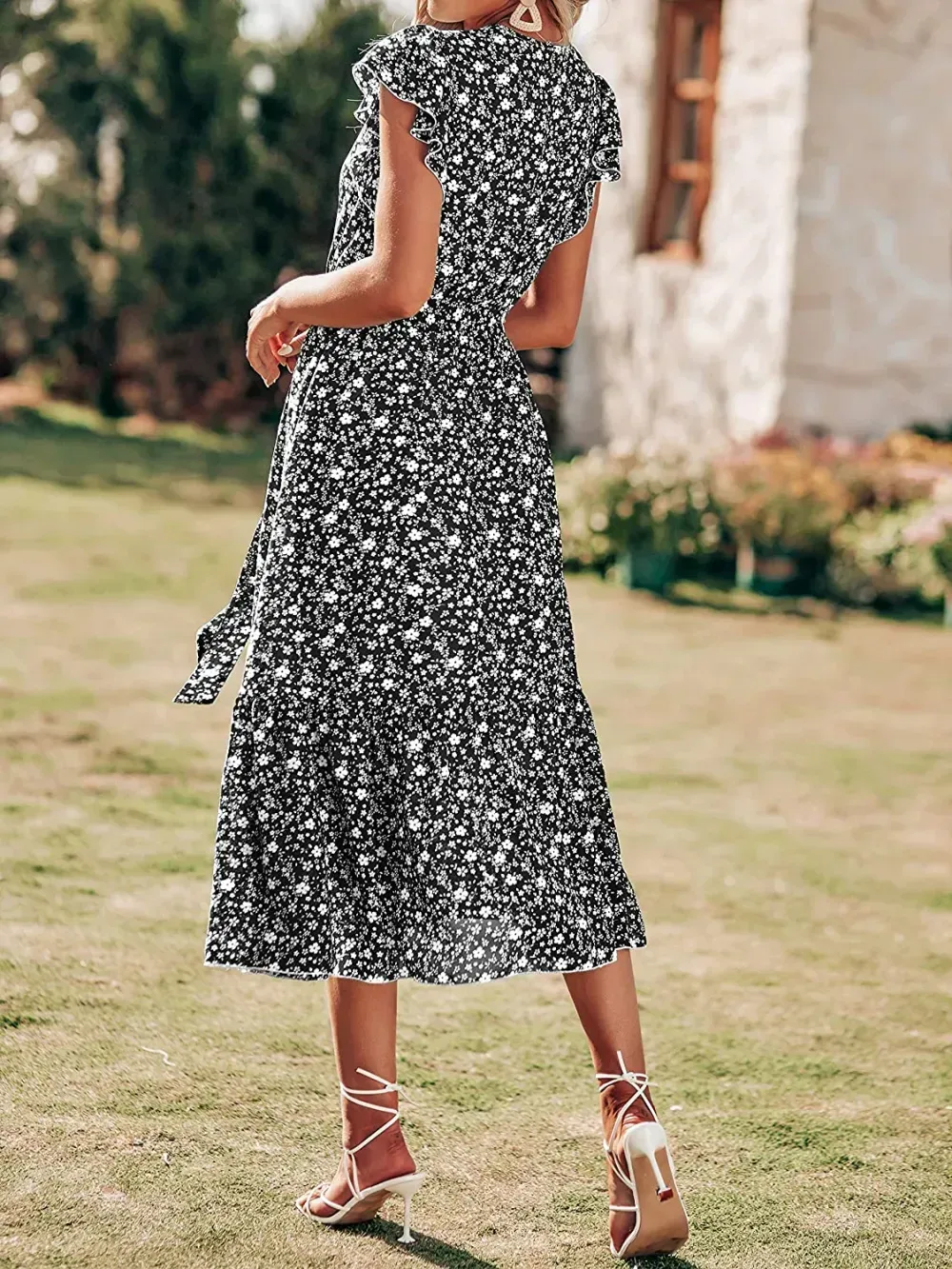 Women Summer Bohemian Floral Casual Wrap V Neck Ruffle Cap Sleeveless Belt A-Line Pleated Hem Swing Midi Sun Dress