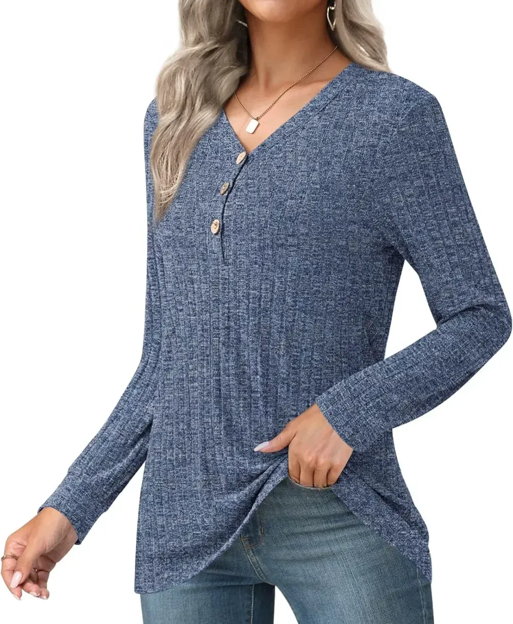 HOTGIFT Womens 2024 Fall Winter Tunic Tops Long Sleeve Casual T-Shirts Soft Comfy Stripe Blouse Lightweight