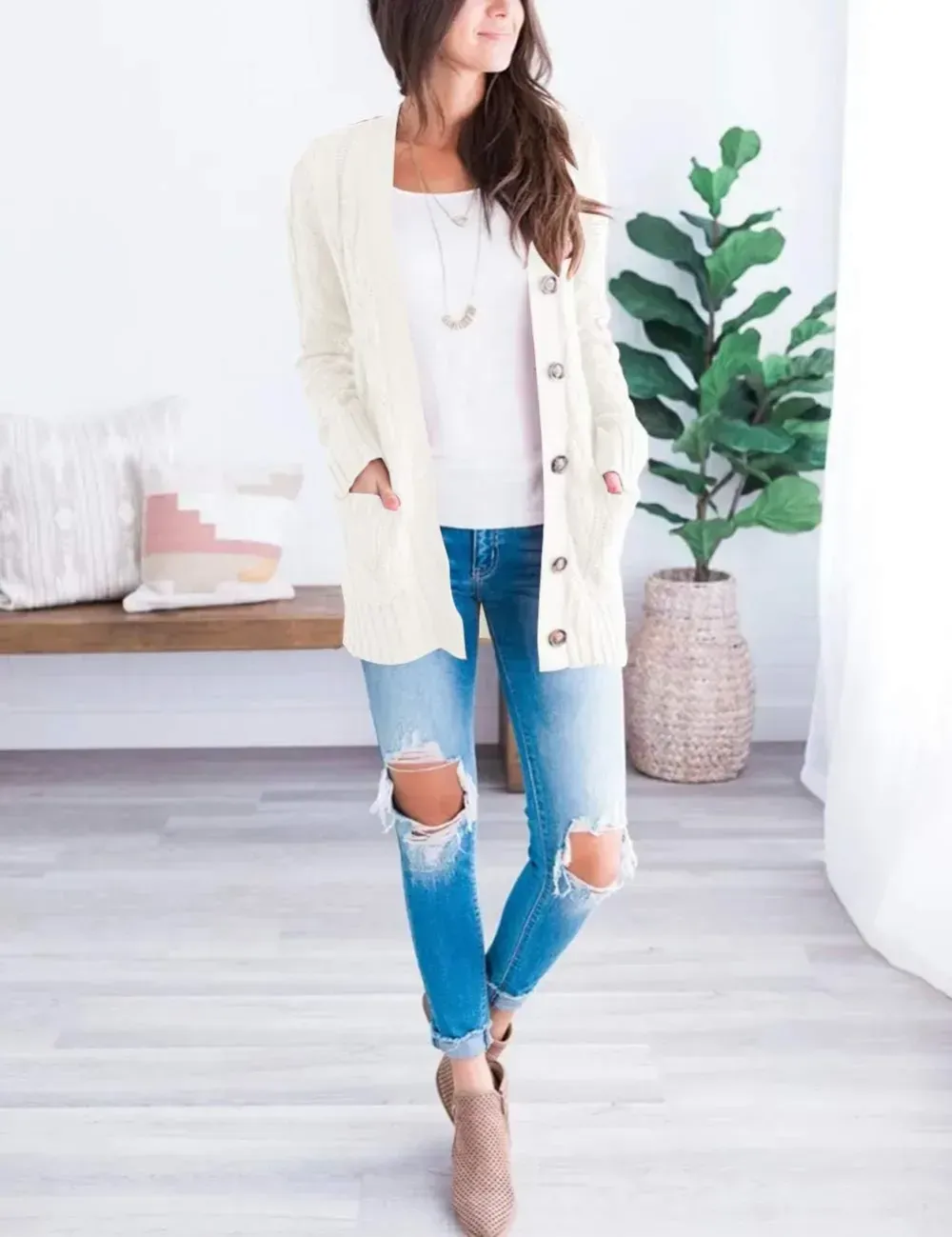 MEROKEETY Women's 2024 Fall Long Sleeve Cable Knit Sweater Open Front Cardigan Button Loose Outerwear