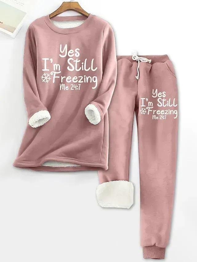 Women's Pajama Top and Pant Letter Warm Comfort Soft Home Daily Bed Fleece Warm Breathable Crew Neck Long Sleeve Pullover Pant Elastic Waist Fall Winter