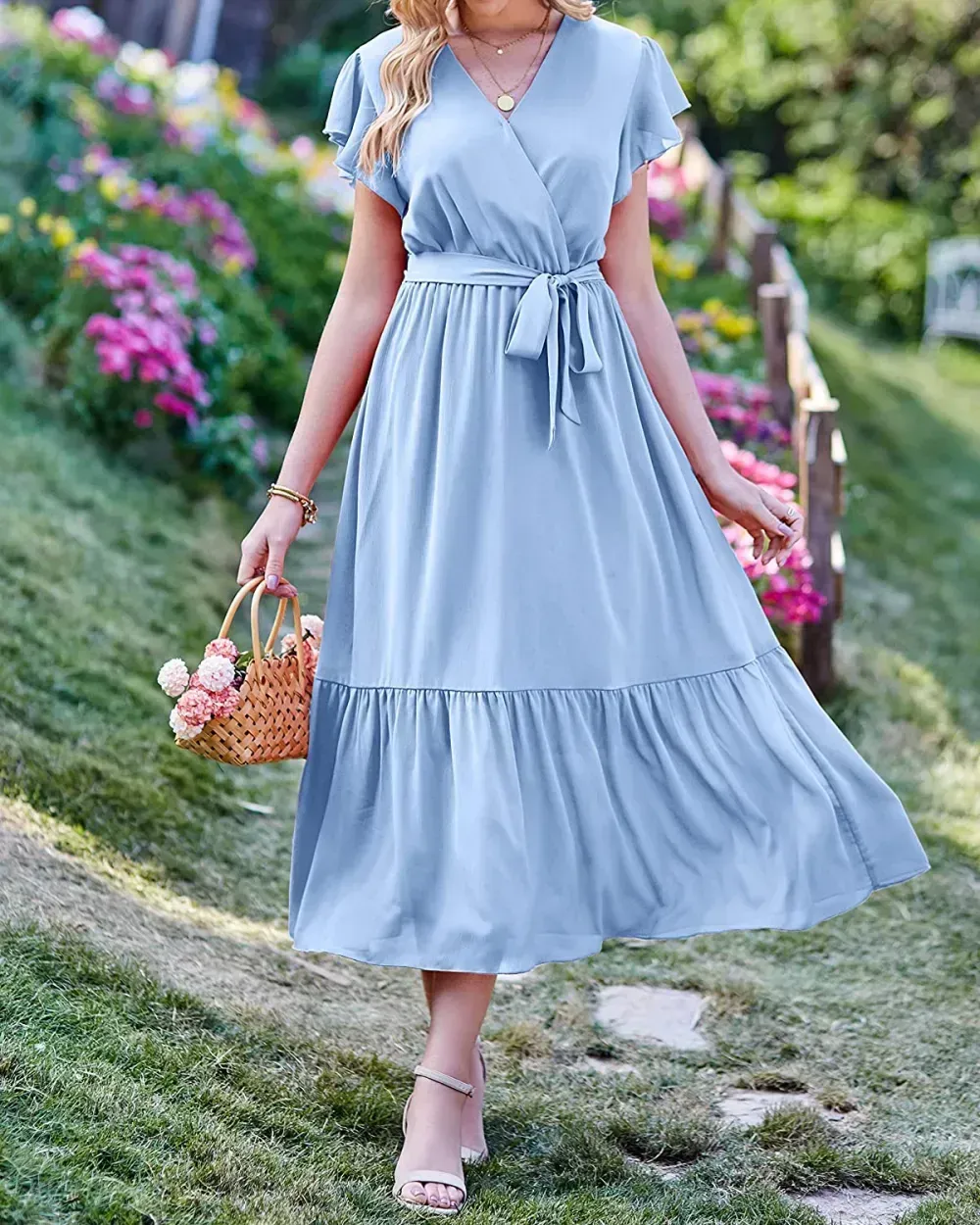 Women Summer Bohemian Floral Casual Wrap V Neck Ruffle Cap Sleeveless Belt A-Line Pleated Hem Swing Midi Sun Dress