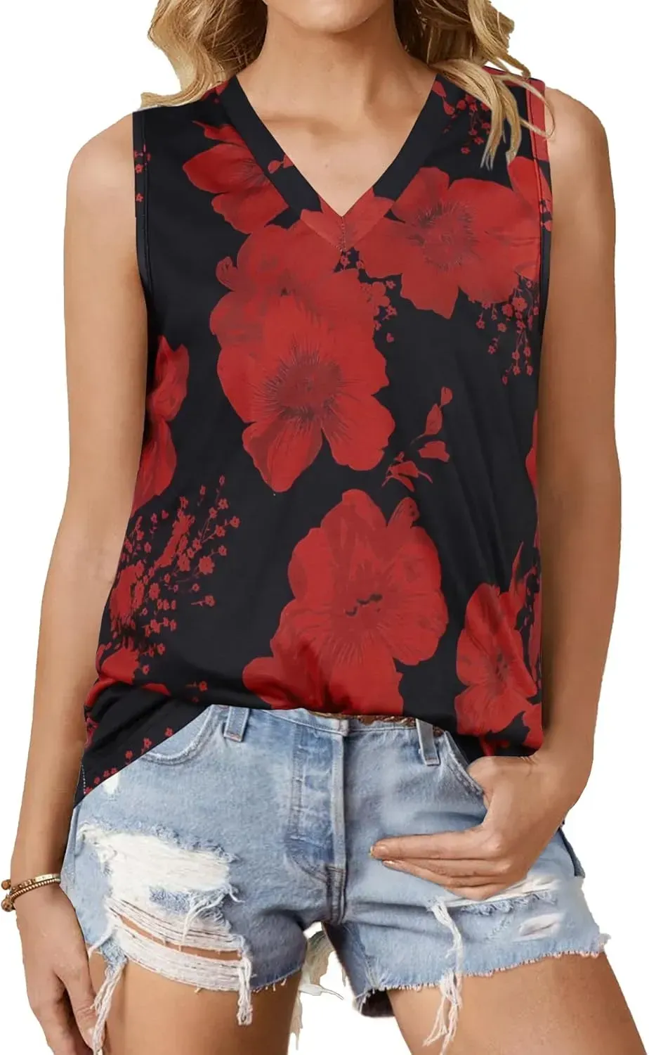 Summer Tops for Women Sleeveless V Neck Tshirt Loose Fit Casual Tank Tunic Blouse