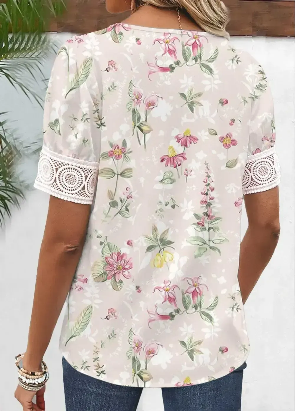 Light Pink Patchwork Floral Print Short Sleeve Blouse