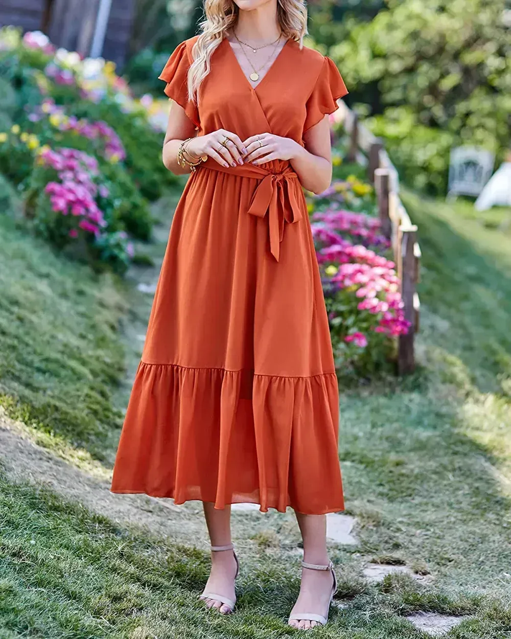 Women Summer Bohemian Floral Casual Wrap V Neck Ruffle Cap Sleeveless Belt A-Line Pleated Hem Swing Midi Sun Dress