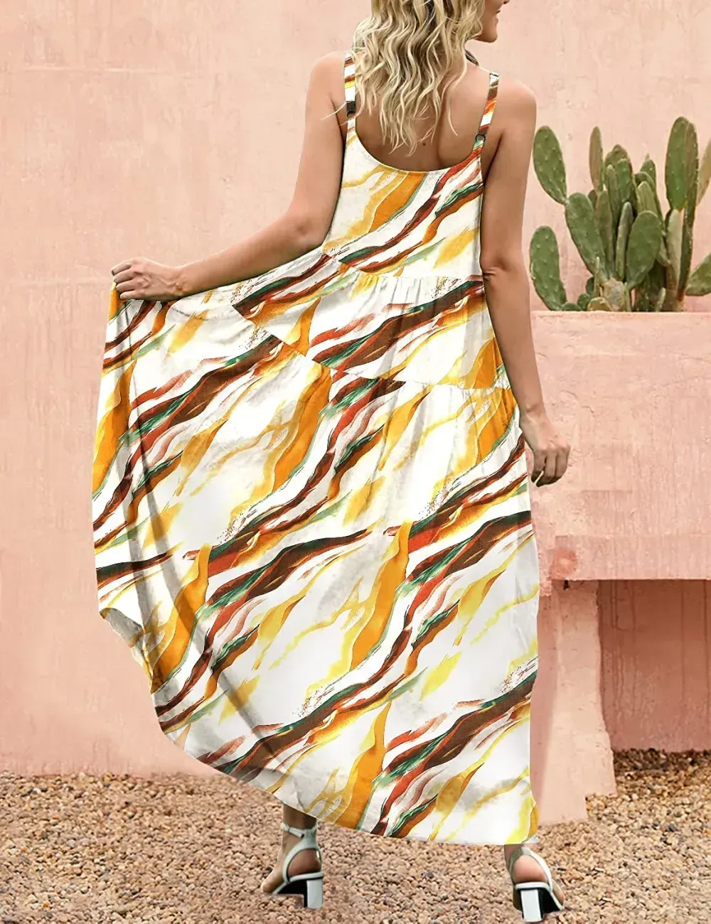 Summer Dresses for Women Casual Loose Bohemian Floral Dress with Pockets Spaghetti Strap Maxi Dress E75