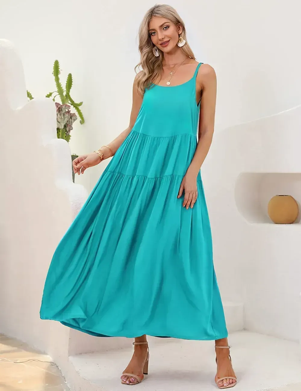 Summer Dresses for Women Casual Loose Bohemian Floral Dress with Pockets Spaghetti Strap Maxi Dress E75
