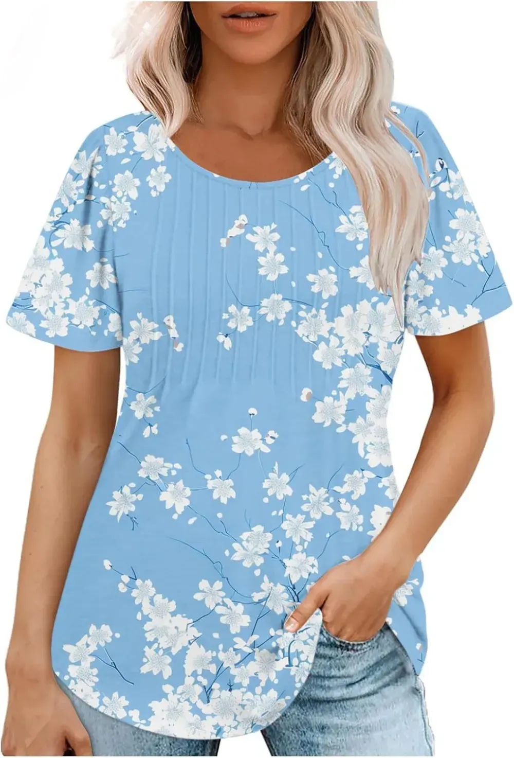 Womens Summer Pleated Front Shirts Tunics Casual Short Sleeved Loose Round Neck Boho Printed Tops Vacation Blouse