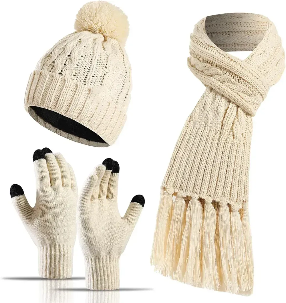 Honnesserry Winter Warm Beanie Hat Scarf and Touchscreen Gloves Set for Womens Skull Caps Neck Scarves with Fleece Lined