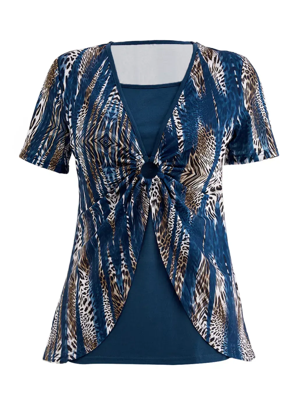 Peacock Blue Fake 2in1 Leopard T Shirt