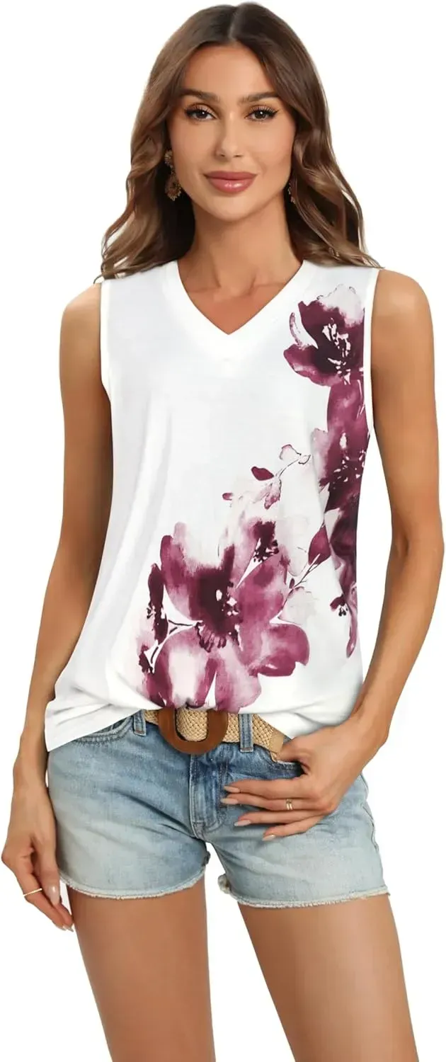 Summer Tops for Women Sleeveless V Neck Tshirt Loose Fit Casual Tank Tunic Blouse