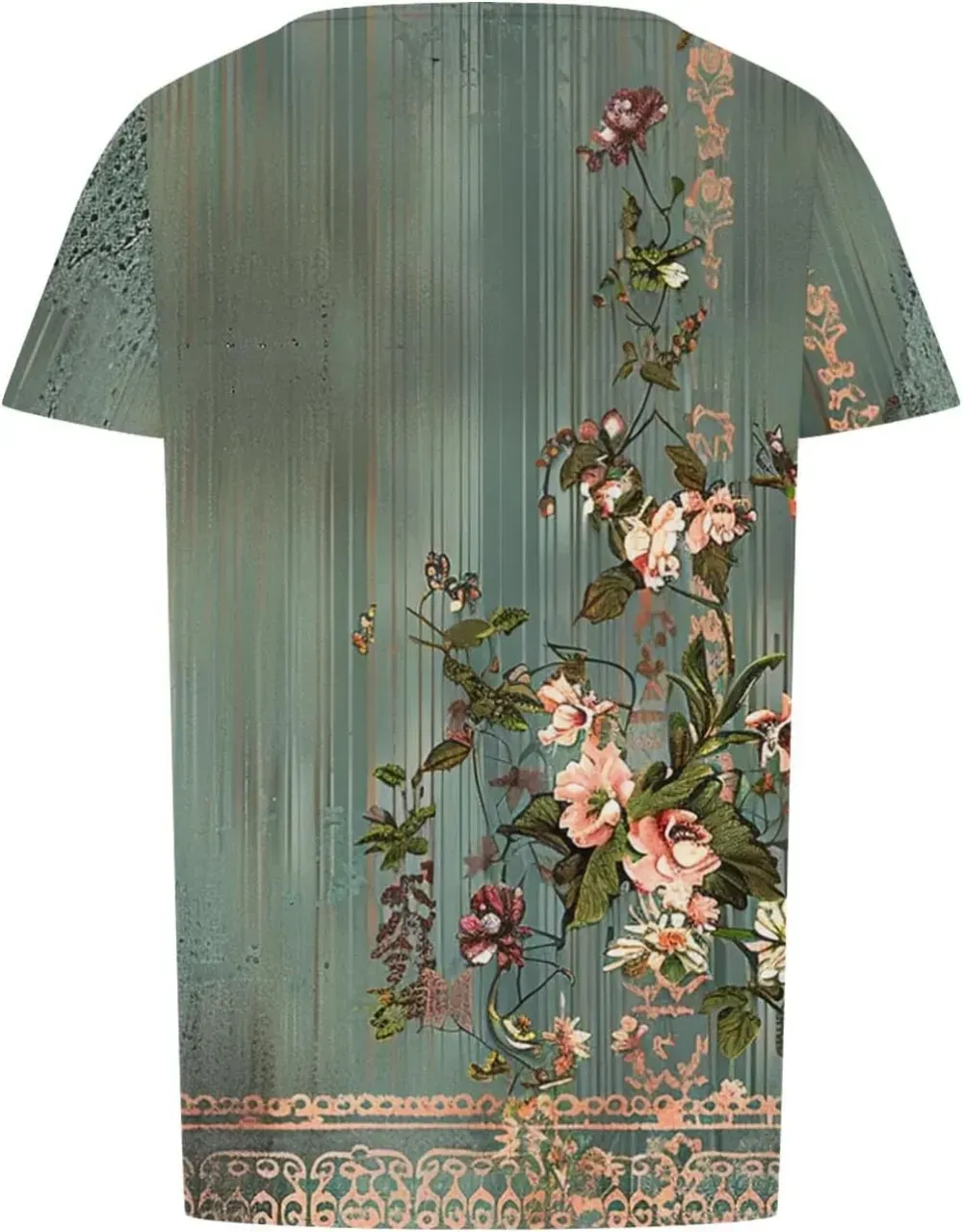 Womens Summer Pleated Front Shirts Tunics Casual Short Sleeved Loose Round Neck Boho Printed Tops Vacation Blouse