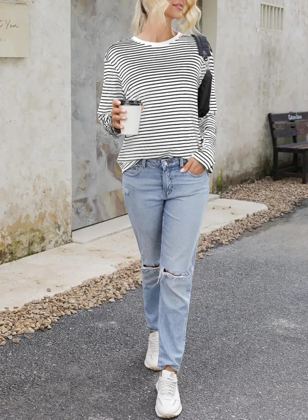 Dokotoo Women's Casual Striped Long Sleeve Tops Crew Neck Knit Ribbed Basic T Shirts