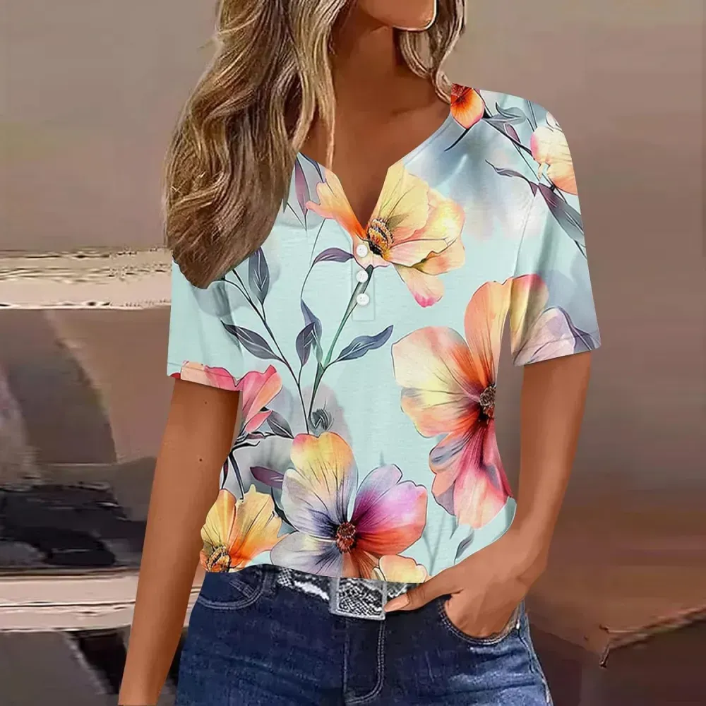 Shirts for Women Casual Printed Summer Tops Short-Sleeved Button V-Neck Tops Blouse Fashion Boho T-Shirts