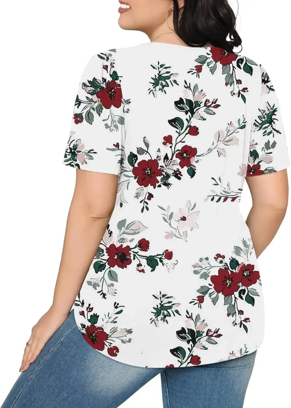 Womens Summer Pleated Front Shirts Tunics Casual Short Sleeved Loose Round Neck Boho Printed Tops Vacation Blouse