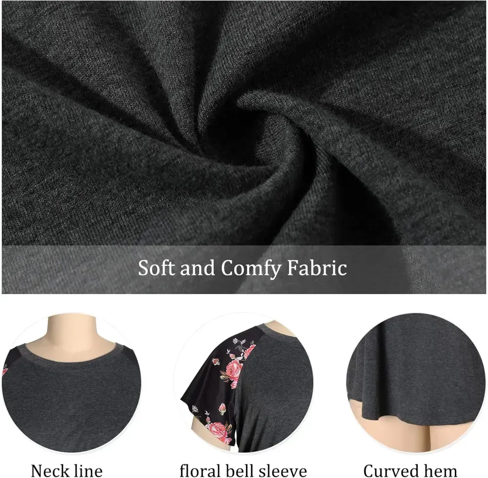 HDLTE Womens Plus Size Tops Floral Bell Sleeves Blouses Summer Crewneck Tunic Loose Casual T Shirts