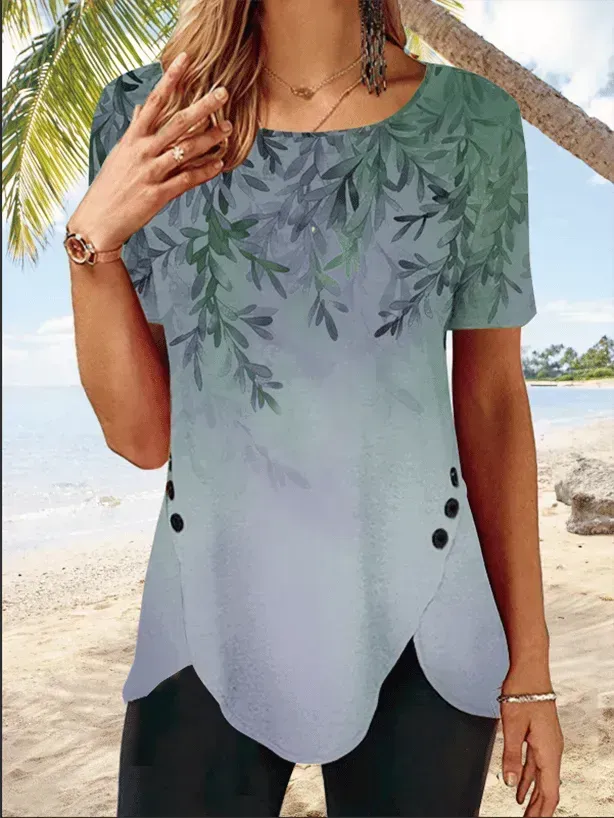 Women's Crew Neck Floral Tulip Hem Resort Tunic T-Shirt