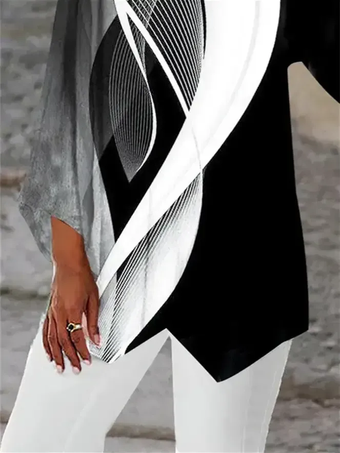 Women Asymmetrical 3/4 Sleeve Scoop Neck Striped Stitching Tops