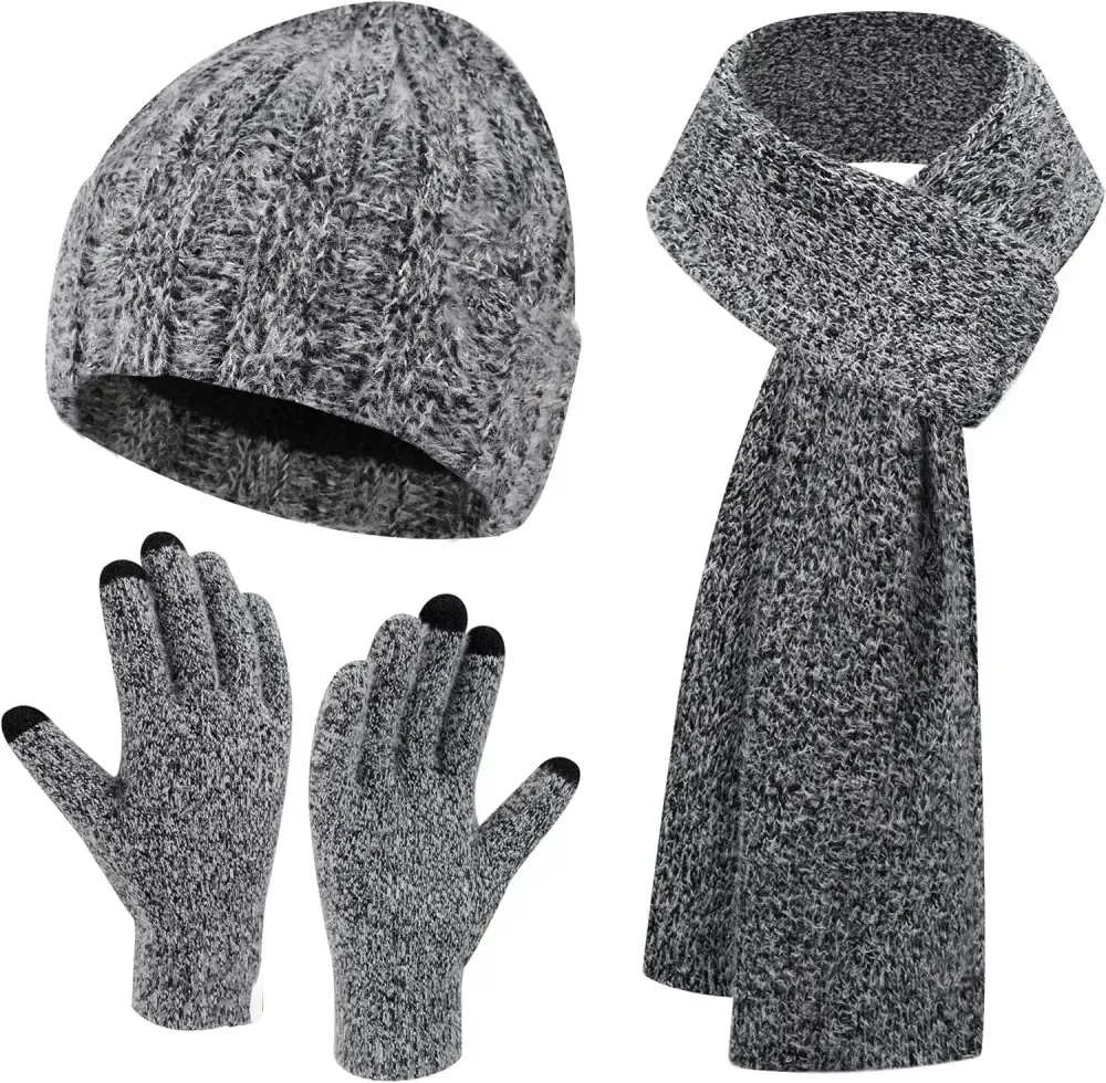 Womens Winter Warm Knit Beanie Hat Touchscreen Gloves Long Scarf Set with Fleece Lined Skull Caps Neck Scarves for Women Men